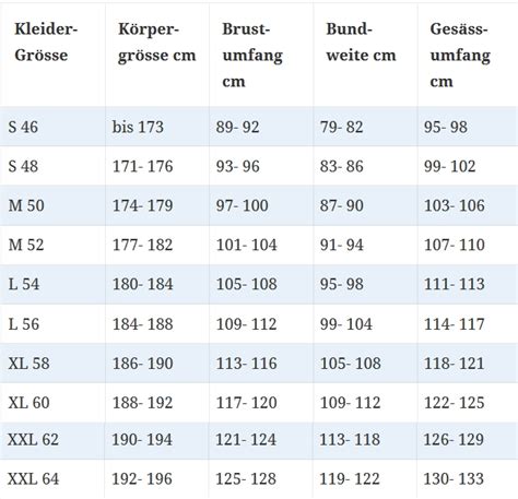 jacken größen tabelle